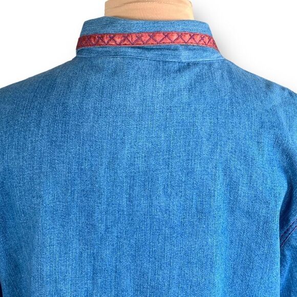 Vintage 90s Denim Jacket Pink Trim Medium Wash Floral Printed Shacket Large - Picture 9 of 15